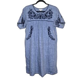 ROLLER RABBIT Blue Linen Casual Short Sleeve Crew Neck Embroidered Dress